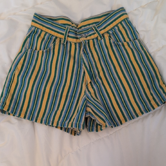 Vintage Pants - Original Au Coton Vintage Striped Green, Blue, Yellow High Waisted Denim Shorts